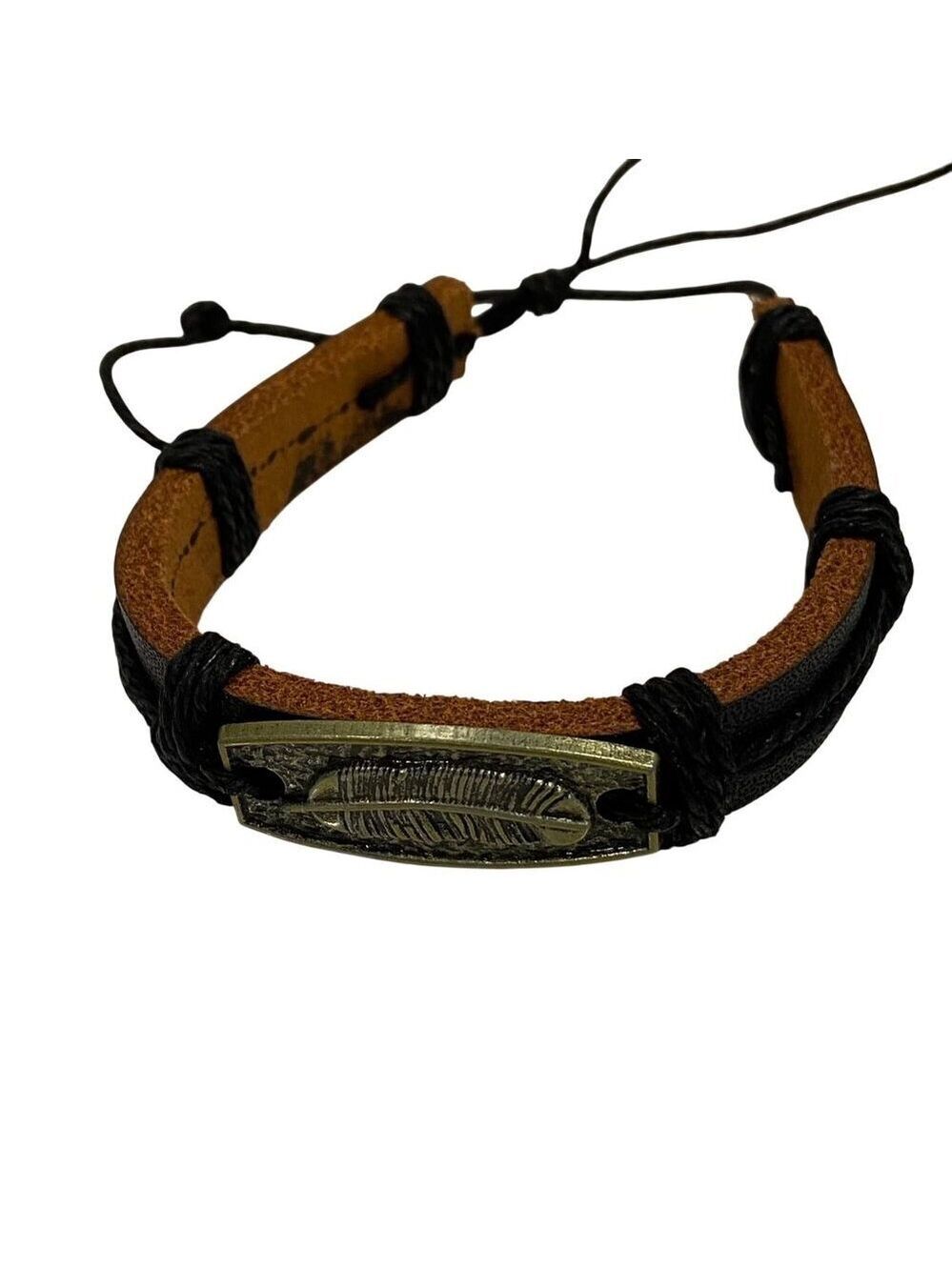 Leather Feather Design Adjustable genuine leather Bracelet black & brown unisex